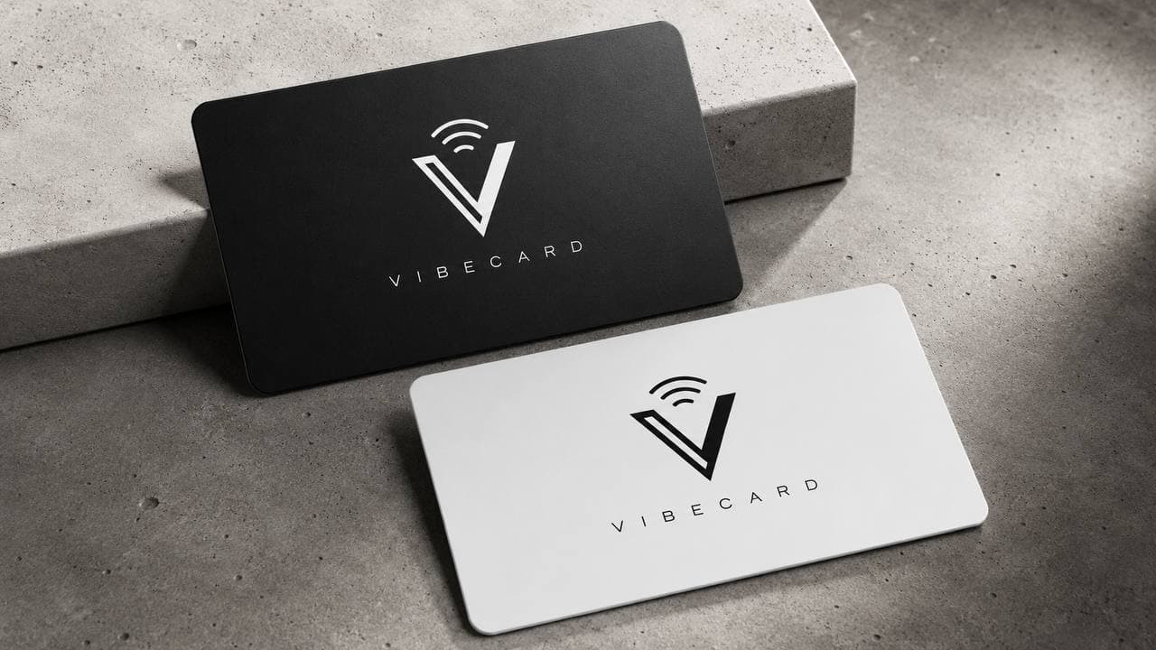 La carte VibeCard, faces noire et blanche, posée sur un support en béton